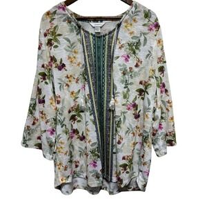 CJ Banks Tunic Women 2X Floral Romantic Tasseled 3/4 Wide Sleeve Lightweight Top